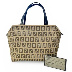 FENDI Zucchino Beige Canvas & Black Leather Mini Tote Bag